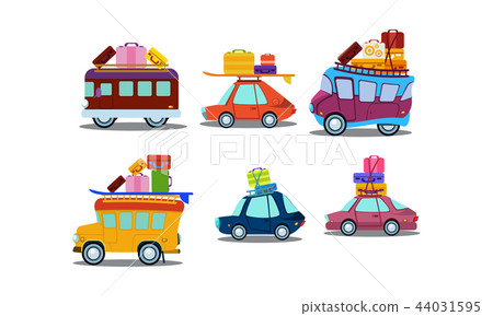 Flat vector set of colorful cars, buses and vans with luggage on roof. Theme of summer vacation or Flat vector set of colorful cars, buses and vans with luggage on roof. Theme of summer vacation or 44031595