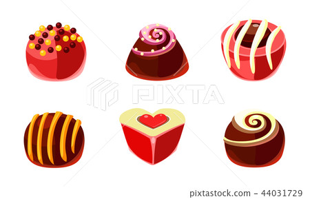 Flat vector set of delicious candies of different shapes. Tasty sweets with various filling 44031729