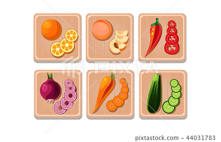 Flat vector set of vegetables and fruits with slices on wooden boards. Orange and peach, pepper Flat vector set of vegetables and fruits with slices on wooden boards. Orange and peach, pepper 44031783