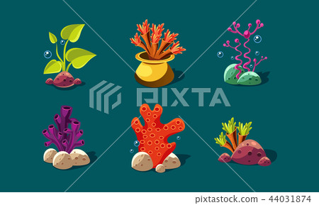 Seaweed, corals and underwater plants set, colorful fantasy plants, user interface assets for mobile Seaweed, corals and underwater plants set, colorful fantasy plants, user interface assets for mobile 44031874