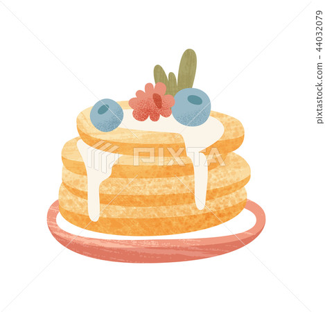 Pile of freshly-baked pancakes with blueberry, raspberry and condensed milk. Delicious morning meal 44032079