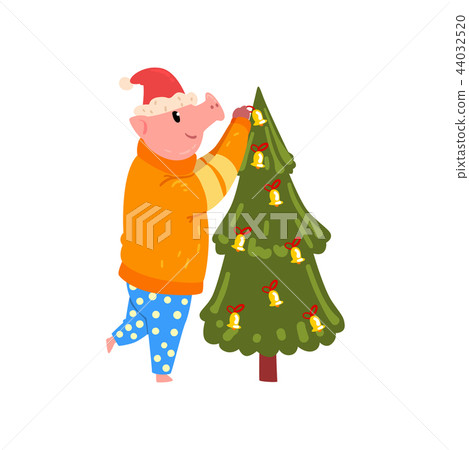 Cute pig decorating Christmas tree, funny piggy character dressed in warm bright clothes and Santa Cute pig decorating Christmas tree, funny piggy character dressed in warm bright clothes and Santa 44032520