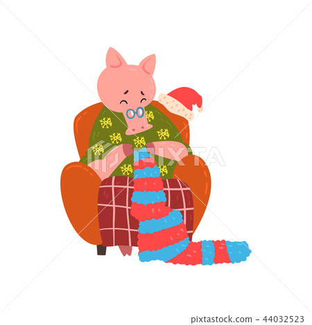 Cute pig grandmother character sitting in cozy armchair and knitting, Chinese symbol of New Year Cute pig grandmother character sitting in cozy armchair and knitting, Chinese symbol of New Year 44032523