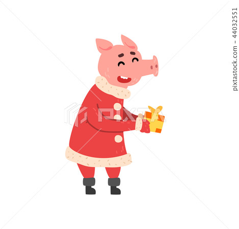 Cute little pig character dressed in Santa costume holding gift box, Chinese symbol of New Year 44032551