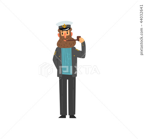Bearded captain smoking tobacco pipe, seaman character in uniform vector Illustration on a white 44032641