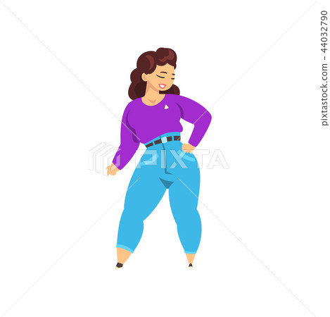 Brunette plump, curvy, overweight girl, plus size model in fashionable clothes, body positive vector 44032790