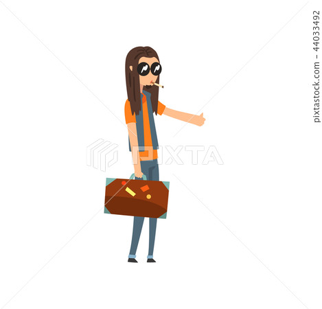 Hitchhiking young man with long hair trying to stop a car, guy travelling by autostop cartoon vector Hitchhiking young man with long hair trying to stop a car, guy travelling by autostop cartoon vector 44033492