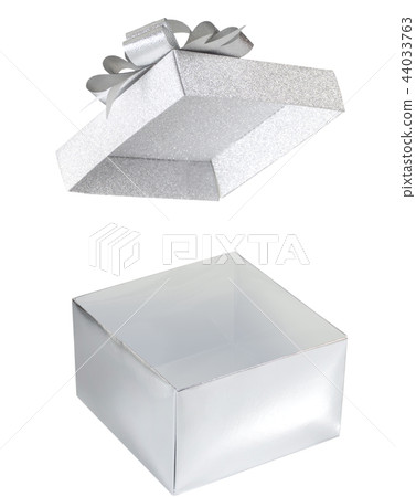 Open silver gift box floating glitter lid 44033763