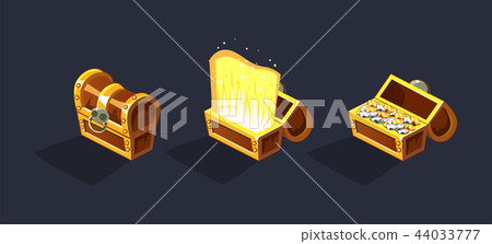 Treasure chest, open and closed antique boxes with coins, game user interface element for video Treasure chest, open and closed antique boxes with coins, game user interface element for video 44033777