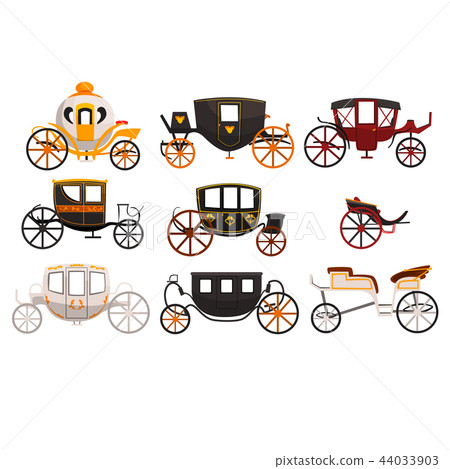 Retro carriages set, vintage transport, brougham, cab, wagon for traveling, wedding carriage vector 44033903