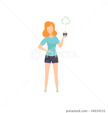 Young woman holding used batteries, people gathering, sorting waste for recycling vector Young woman holding used batteries, people gathering, sorting waste for recycling vector 44034531