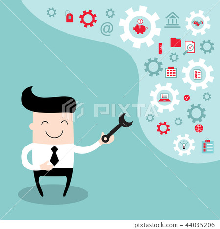 PrintHappy businessman with the gears, thoughts and ideas, fixing every problem PrintHappy businessman with the gears, thoughts and ideas, fixing every problem 44035206