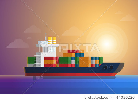 Cargo container ship transports containers at the blue ocean. Flat and solid color style vector 44036226