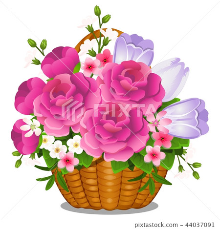 Basket filled with cut spring or summer flowers isolated on white background. Vector close-up 44037091