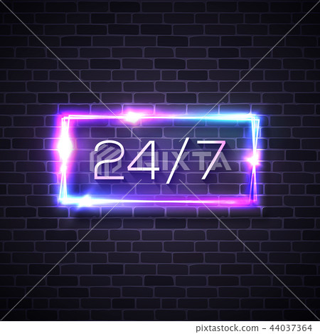 Neon sign 24 7 on brick wall background. Colorful vector illustration. 44037364