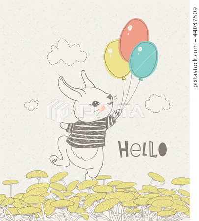Hand drawn rabbit with colorful balloons on floral meadow. Can be used for baby shower celebration Hand drawn rabbit with colorful balloons on floral meadow. Can be used for baby shower celebration 44037509