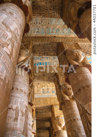 Beautiful interior of the Temple of Dendera or the Temple of Hathor. Egypt, Dendera, Ancient 44037781