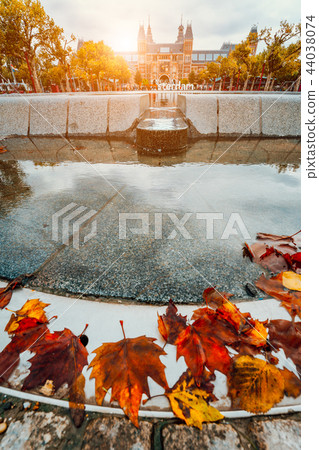 Rijksmuseum Amsterdam museum with words I Amsterdam and a fountain with male leaves beside the pool 44038074