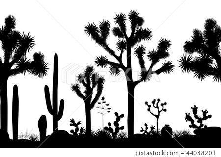 Desert seamless pattern with silhouettes of joshua trees, opuntia, and saguaro cacti. 44038201