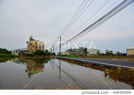 外觀清晰，外觀出現。稻田在農業庭院裡，覆蓋水面。 44040099