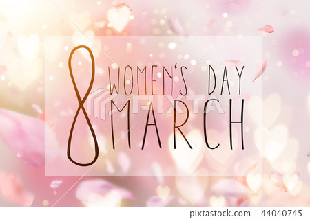 Abstract composition for Women's Day. Pink flower petals flying with hearts symbols. 44040745