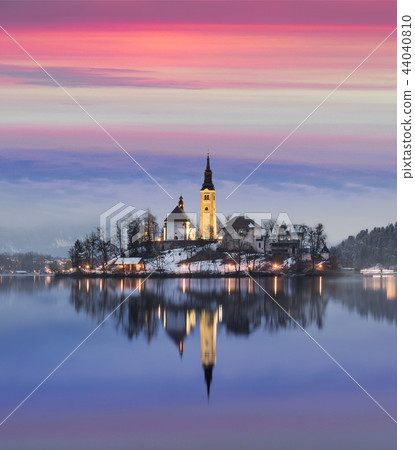 Amazing sunset at the lake Bled in winter, Slovenia. Amazing sunset at the lake Bled in winter, Slovenia. 44040810