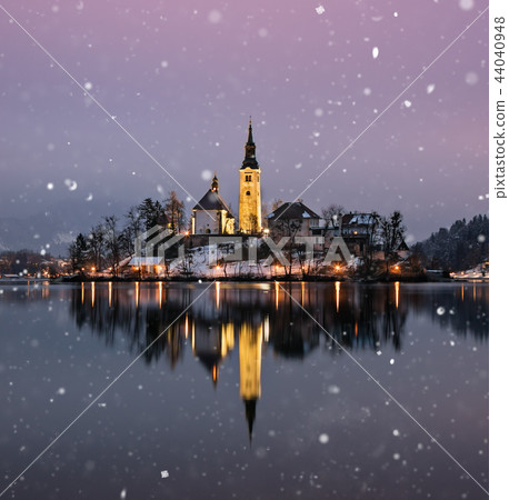 Amazing sunset at the lake Bled in winter, Slovenia. 44040948