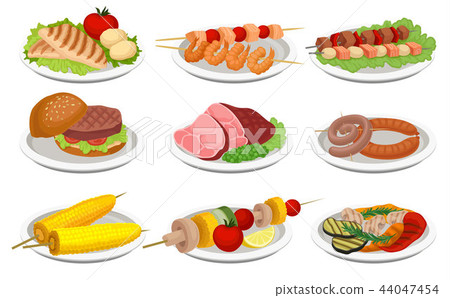 Grilled food set, delicious dishes for barbecue party menu, meat and vegetarian food vector 44047454