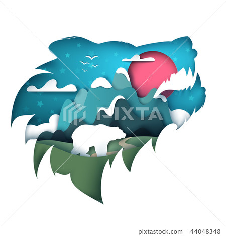 Cartoon paper landscape. Bear illustration. 44048348