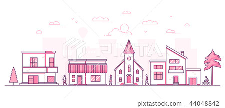 Town street - modern thin line design style... - Stock Illustration ...