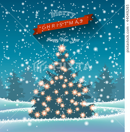 Christmas tree with lights in dark landscape - Stock Illustration ...