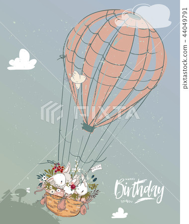 Little vector hares fly with balloon. Little vector hares fly with balloon. 44049791