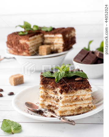 Tiramisu Dessert with Mint and Cup of Coffee Tiramisu Dessert with Mint and Cup of Coffee 44052024