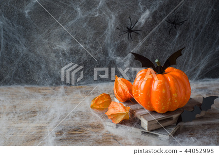 Pumpkin with bats and spiders for Halloween, Pumpkin with bats and spiders for Halloween, 44052998