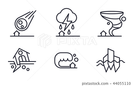 Natural disaster icons set, meteorite fall, thunderstorm, hurricane, earthquake, tsunami vector 44055110