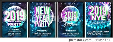 2019 Party Flyer Poster Set Vector. Night Club Celebration. Musical Concert Banner. Happy New Year 44055165
