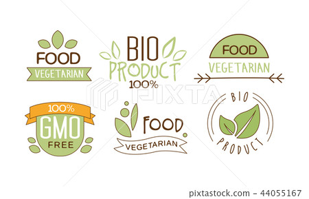 Vector set of food labels with text. Gluten free. Vegetarian nutrition. Emblems for packing natural Vector set of food labels with text. Gluten free. Vegetarian nutrition. Emblems for packing natural 44055167