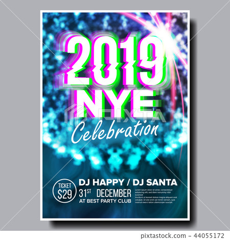 2019 Party Flyer Poster Vector. Happy New Year. Holiday Invitation. Christmas Disco Light. Design 2019 Party Flyer Poster Vector. Happy New Year. Holiday Invitation. Christmas Disco Light. Design 44055172