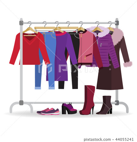 Clothes hanger with casual woman clothes, footwear Clothes hanger with casual woman clothes, footwear 44055241