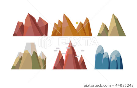 Flat vectoe set of different rocky mountains. Nature landscape elements for mobile game background Flat vectoe set of different rocky mountains. Nature landscape elements for mobile game background 44055242
