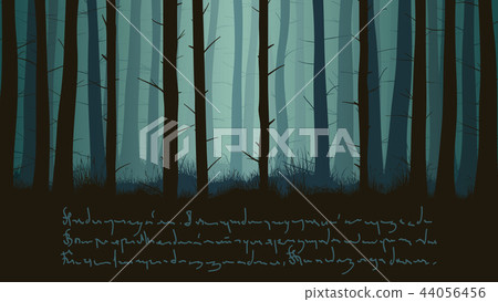Illustration of dark misty coniferous forest. - Stock Illustration ...