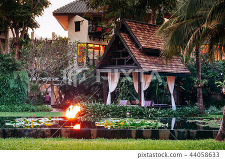 Lotus pond garden with coconut tree and pavilion 44058633