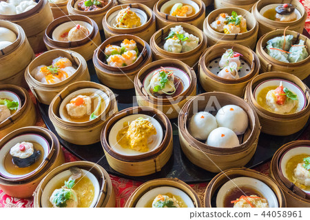 Close up dim sum chinese food in bamboo basket 44058961