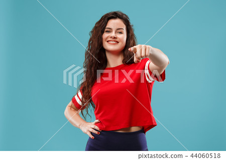 The happy business woman point you and want you, half length closeup portrait on blue background. The happy business woman point you and want you, half length closeup portrait on blue background. 44060518