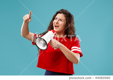 Woman making announcement with megaphone 44060980