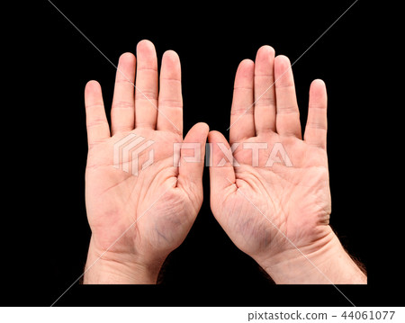 Two men's open palm gesture give up or stop 44061077