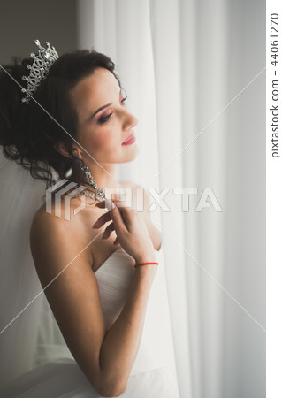 Beautiful bride wearing fashion wedding dress with feathers with luxury delight make-up and 44061270