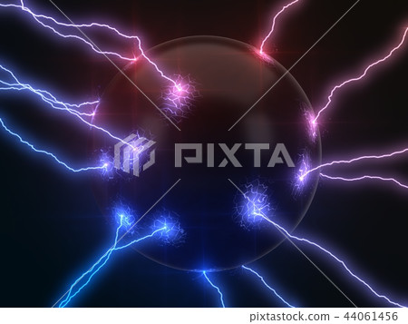 powerful lightning strikes on sphere and makes cracks on surface of sphere. dual color version, 3d powerful lightning strikes on sphere and makes cracks on surface of sphere. dual color version, 3d 44061456