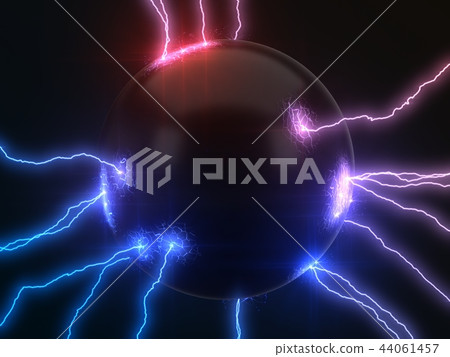 powerful lightning strikes on sphere and makes cracks on surface of sphere. dual color version, 3d powerful lightning strikes on sphere and makes cracks on surface of sphere. dual color version, 3d 44061457