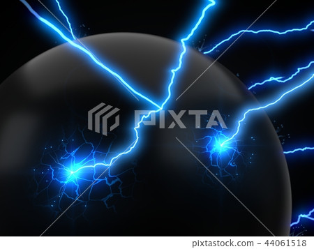powerful lightning strikes on sphere and makes cracks on surface of sphere. 3d illustration powerful lightning strikes on sphere and makes cracks on surface of sphere. 3d illustration 44061518